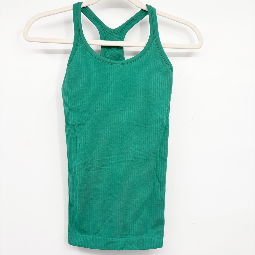 Lululemon Womens Ebb to Street Green Ribbed Athleisure Built in Bra Tank Top 2